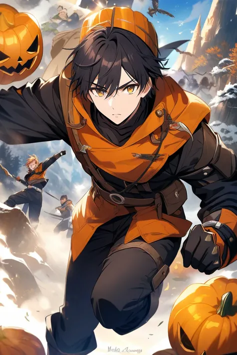 Make a pumpkin soldier anime character fight with the crown prince boy in the wilderness