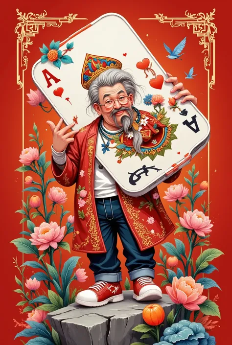 in style of Hip Hop fashion design , Design a unique logo,(An unusually large suitcase in the shape of an anthropomorphic flying playing card:1.7), red peach a,k,Chinese grandpa is happy walking,Chinese red , cloisonne