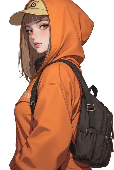 Close up of an anime character with an orange hoodie and backpack in front of a white background,Female Chamba  ,  trending on pixiv, futuristic,  Genzoman ,  Joker as Naruto ,  anime cover , naruto  Uzumaki,  Uzumaki,  kashart kentz ,  animated art with b...