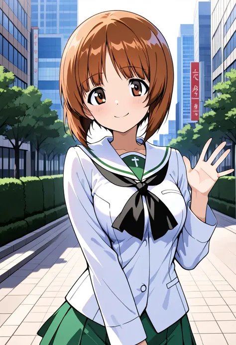  high res,  top quality,  Super Quality  、 outdoor、 Tokyo 、Shinjuku、building、Absolute reference to center、 shot from the front 、smile,  smiles on the vase、  Closed Mouth、Nishizumi Miho 、 one girl、solo 、Standing、 Tiny Breasts 、 small tits, beautiful brown e...