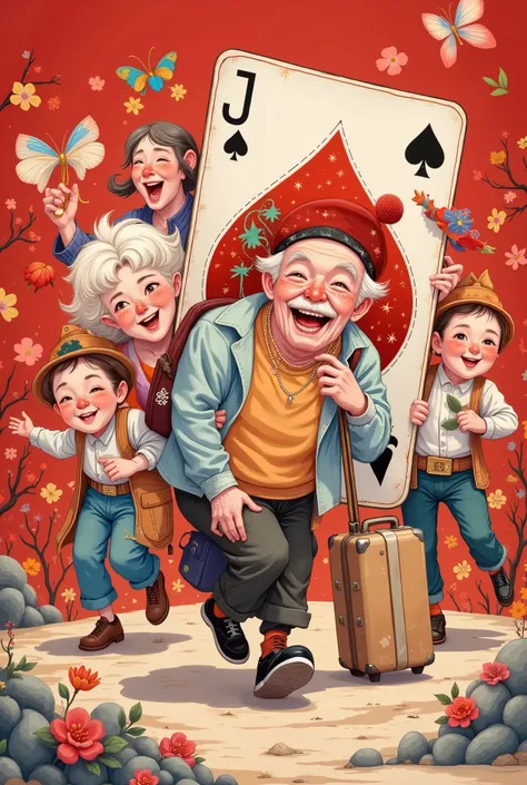 in style of Hip Hop fashion design , Design a unique logo,(An unusually large suitcase in the shape of an anthropomorphic flying playing card:1.7),Chinese Grandpa and Grandma , Senior Tour Group Red Peach A,k, happy walking ,Chinese red , cloisonne