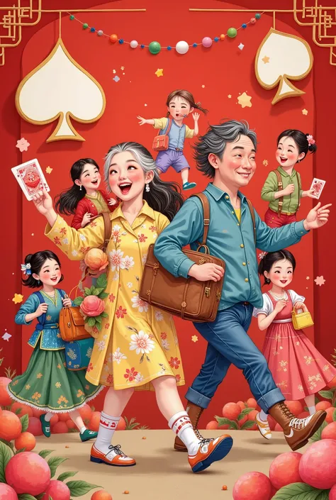in style of Hip Hop fashion design , Design a unique logo,(An unusually large suitcase in the shape of an anthropomorphic flying playing card:1.7),Chinese Grandpa and Grandma , Senior Tour Group Red Peach A,k, happy walking ,Chinese red , cloisonne