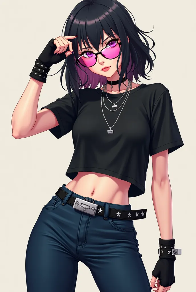 Lean white lady, with black wavy shoulder length hair with light pink front bangs. Star neck chain, silver belt, navy blue jeans, pink skinny glasses, black baggy t-shirt, black wrist bands, anime character, baddass attitude