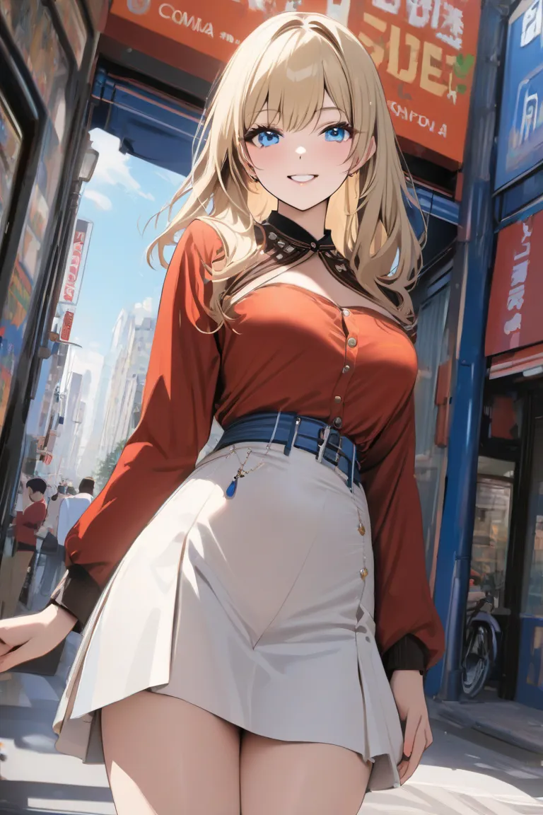 top quality, masterpiece,  high res, 8k, (1 girl), Alone, (((cowboy shot))),   blond and blue eyed, Russian beautiful girl, Walking through the streets of Akihabara, smile