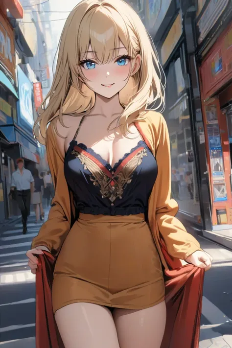 top quality, masterpiece,  high res, 8k, (1 girl), Alone, (((cowboy shot))),   blond and blue eyed, Russian beautiful girl, Walking through the streets of Akihabara, smile