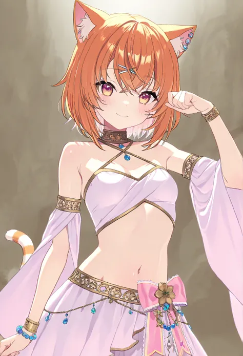 very awa, masterpiece, best quality, newest,  highres, aburdres、 Fantasy World、 there is only one 、 nap cat、  nap cat　 virtual YouTuber、 catgirl 、 short hair、Auburn Hair、Cute single tusk、 very small breasts 、pale pink arabian costume、 desert、 desertのオアシス、s...