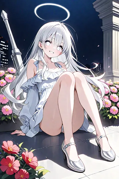  long silver hair、 girl、 cute、 is cool、beautiful、 beauty、Hitman、 big weapon、flower、flower、Are you wearing heeled shoes、White Eyes、smile、Brocon