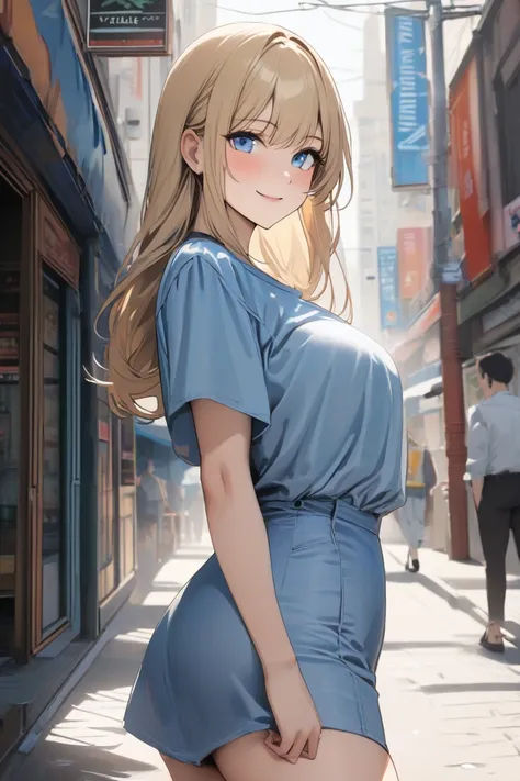 top quality, masterpiece,  high res, 8k, (1 girl), Alone, (((cowboy shot))),   blond and blue eyed, Russian beautiful girl, Walking through the streets of Akihabara, smile