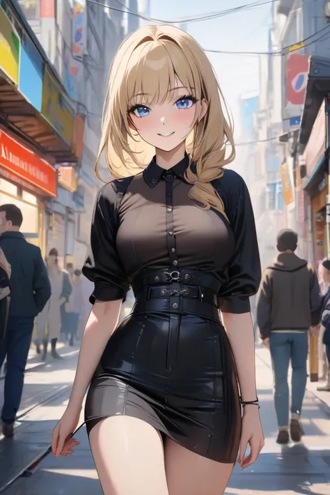 top quality, masterpiece,  high res, 8k, (1 girl), Alone, (((cowboy shot))),   blond and blue eyed, Russian beautiful girl, Walking through the streets of Akihabara, smile