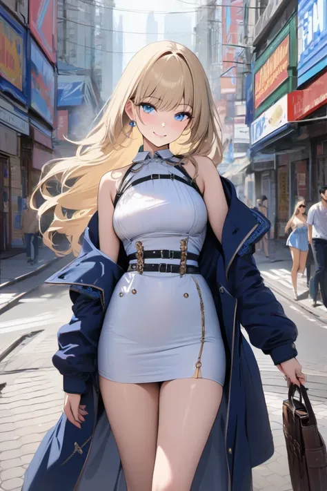 top quality, masterpiece,  high res, 8k, (1 girl), Alone, (((cowboy shot))),   blond and blue eyed, Russian beautiful girl, Walking through the streets of Akihabara, smile