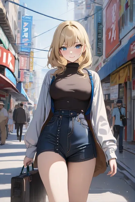 top quality, masterpiece,  high res, 8k, (1 girl), Alone, (((cowboy shot))),   blond and blue eyed, Russian beautiful girl, Walking through the streets of Akihabara, smile