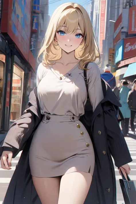 top quality, masterpiece,  high res, 8k, (1 girl), Alone, (((cowboy shot))),   blond and blue eyed, Russian beautiful girl, Walking through the streets of Akihabara, smile