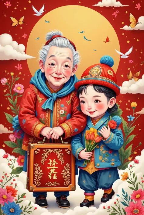 in style of Hip Hop fashion design , Design a unique logo,(Chinese grandparents and unusually large suitcases that look like anthropomorphic flying playing cards:1.7),, Senior Tour Group Red Peach A,k, happy walking ,Chinese red , cloisonne