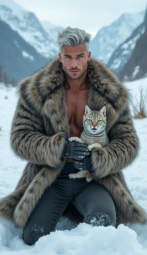 A  handsome and muscular silver-haired man with sharp green eyes, wrapped in a fur coat without shirt, his chest and abdominal muscles are well visible, kneels in the snow, cradling a small lynx kitten in his arms. He stands in a frozen tundra, snow-covere...