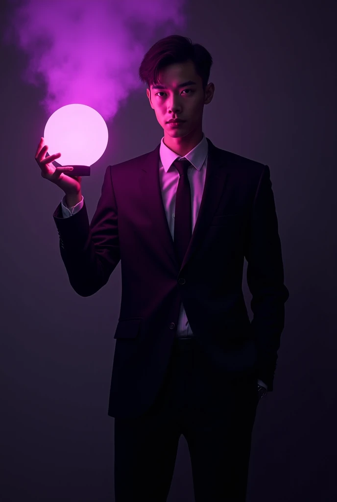  a man in a black suit,business, Mysterious,bonito e elegante porém Mysterious, Without hat,holding a lamp with purple and pink light