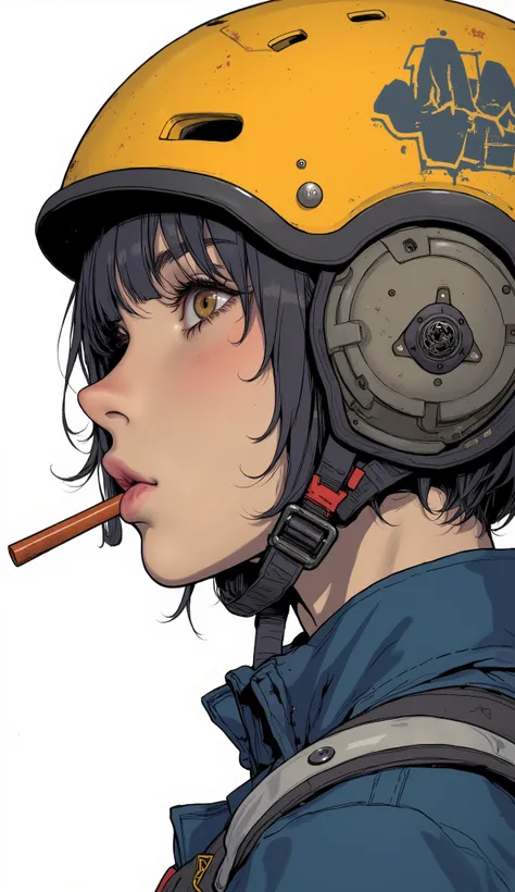 Close up of a person wearing a helmet with a straw in their mouth, Sato Junpei  , Pixiv,  graffiti , Shintaro Kago,  wearing a helmet, FLCL cover,  city girl fan art , Wear a helmet,  anime style illustration, Helmet instead of head,  profile short hair, F...