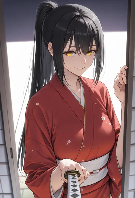 ( masterpiece,   high res, 2K resolution,   very well detailed),  adult woman ,   (Straight Hair， black hair ponytail,  nightgies , He has a sword in his left hand、 is wearing a red kimono 、 yellow eyes