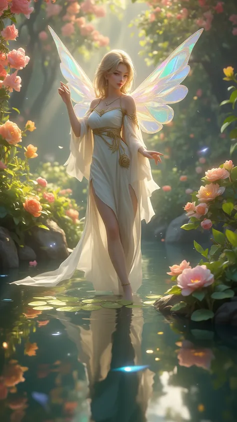  An enchanting fairy in a serene garden， delicate wings ，flowing robe， beautiful flowing ， sparkling pixie dust ， Blooming Flowers ， Quiet pond ，Waving wind ，Magical light， harmonious colors 