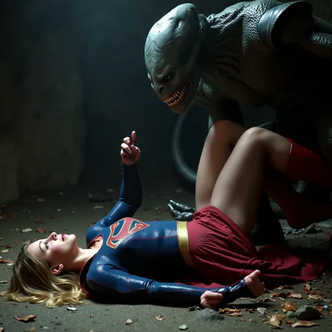 Supergirl is raped by an alien monster, very bright white skin, her legs are wide out, can see whole body, She is wearing a thin black pantyhose, short red skirt, red knee height long boots, blonde hair, She is unconscious, seriously injured, painful, a fi...