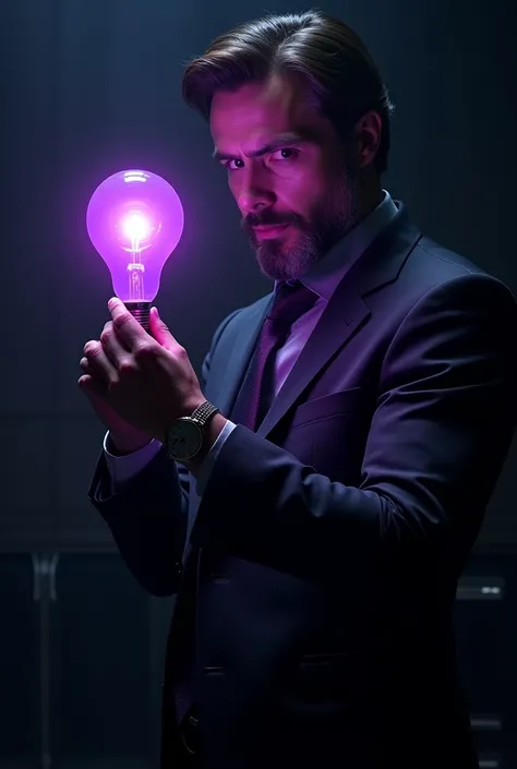 A mysterious businessman,holding a light bulb with purple light,on your wrist a  