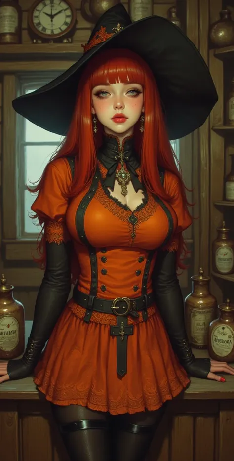  high resolution,  better quality,  in detail, HD model,  high detail ,  High quality,full frame, Ponle meter ,  Full-length girl, red hair ,  straight hair , Breasts, earrings,  green eyes, makeup, Light blush, scarlet lips,  witch hat, Short orange witch...