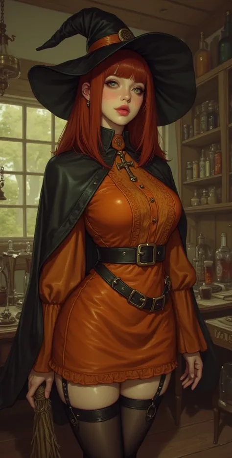  high resolution,  better quality,  in detail, HD model,  high detail ,  High quality,full frame, Ponle meter ,  Full-length girl, red hair ,  straight hair , Breasts, earrings,  green eyes, makeup, Light blush, scarlet lips,  witch hat, Short orange witch...