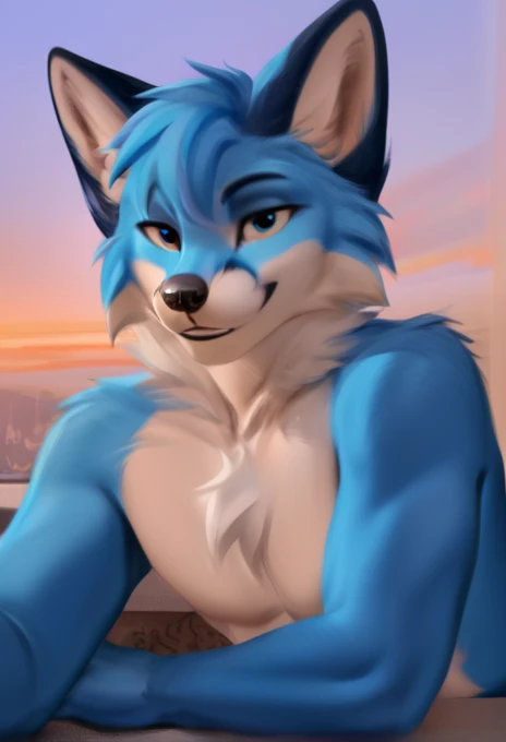 Anthropomorphic furry fox, blue fur, sky blue eyes, sexy fox, thick furry neck and chest fluff, commission for high res, furry fox, furry chest, furry fursona, an anthro Fox, pov furry art, fursona furry art commission, 