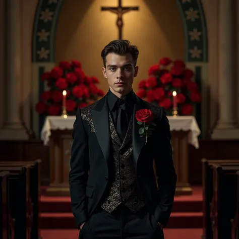 The image shows a young man standing before the altar of a church, facing the screen, conveying an imposing and mysterious presence. The altar is richly decorated with arrangements of red carnations and black roses, creating a striking contrast with the su...