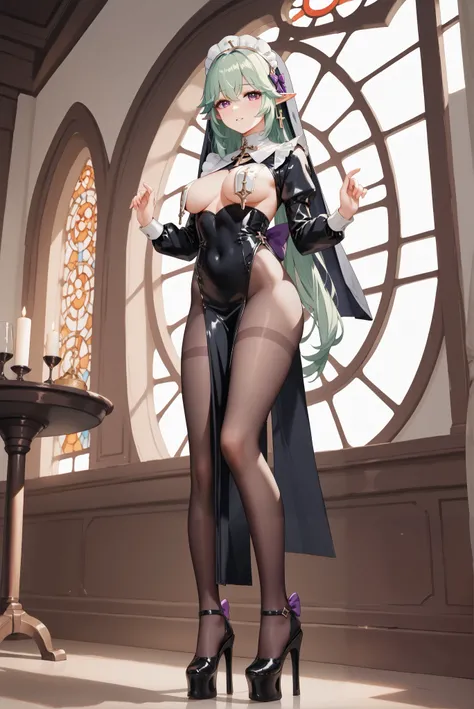 （ stands，whole body:1.7),HoleHeels，Hole platform/ oval/ Circle Heels，Heels ，ruanyi0847,bodysuit,breast curtains,dress,nun,pantyhose,pelvic curtain，genshin impact, gnshnymmzkmzk , bangs, long hair, maid headdress, medium breasts, pointy ears, purple bow, pu...