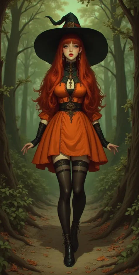  high resolution,  better quality,  in detail, HD model,  high detail ,  High quality,full frame, Ponle meter ,  Full-length girl, red hair ,  straight hair , Breasts, earrings,  green eyes, makeup, Light blush, scarlet lips,  witch hat, Short orange witch...