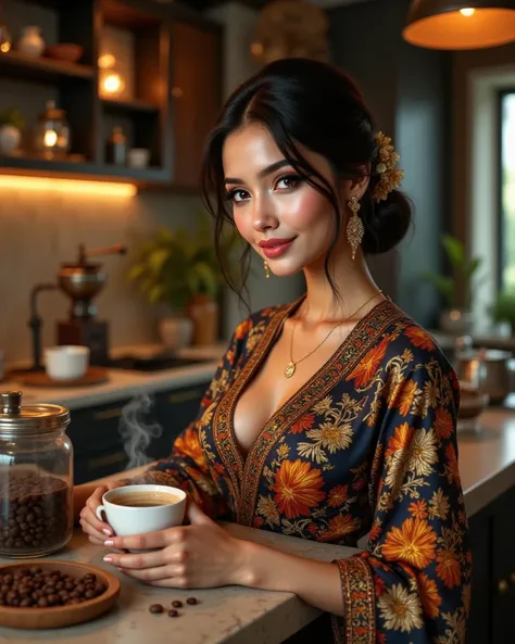 Head shot of Gorgeous and Alluring Indonesian Woman, exotic Indonesian beauty, tanned skin, warm friendly smile, detailed face, she is wearing stylish elegant Pekalongan Style batik wardrobe, she is at an Open Space Kitchen with waterfall counter tops, pre...