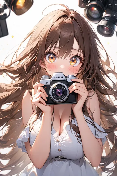   girl,  alone,   long hair,   high image quality ,  brown hair,  very  long hair,   cowboy shot , Big bright eyes,  long eyelashes, Sparkling Eyes, camera,Hold the camera in your mouth、 blushes,  big breasts, 