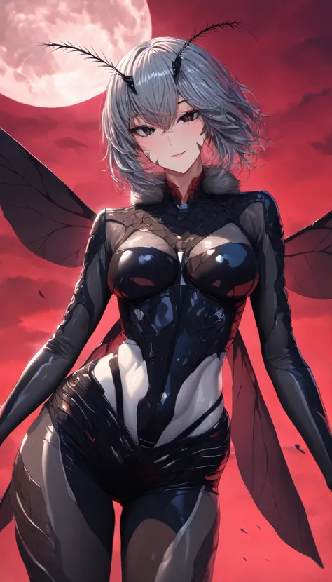 SOLO, A Mosquito Female ,Perfect body ,Shiny skin, Sliver hair, A pair of mosquito antennae, The mosquito's belly is on Her lower back, Black eyes,red slit pupils, Two pairs of Mosquito wings, Wearing a Bikini Biological armor with mosquito characteristics...