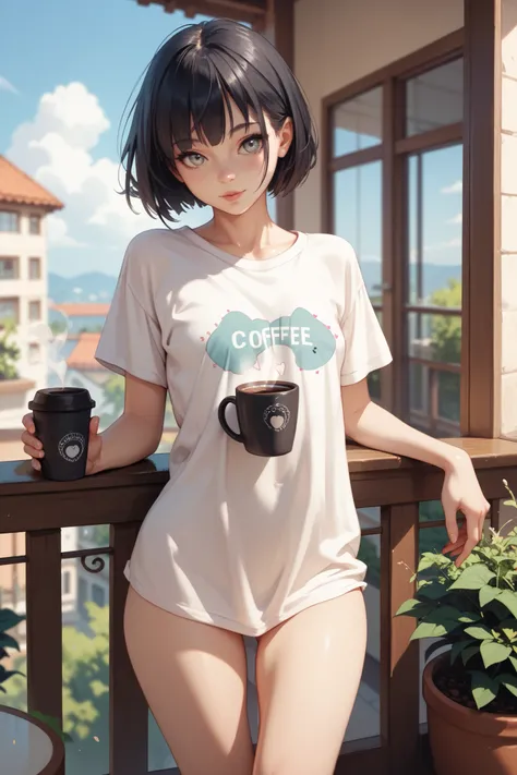  Girl,  grey eyes,  short hair,  Black hair,  very small breasts,  skinny legs,  wide hips, on the balcony,  cup of coffee, oversized t-shirt