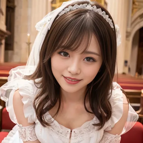 ( top quality,  Masterpiece:1.2), ( by Nomi:1.3), ( very detailed background ,  Detailed Biography),  (( amazing toned chest )), (Sexy lewd),  frill dress , (sheer, pure white dress with lace trim:1.4), Bridal Tiara,  Gorgeous parchment white wedding dress...