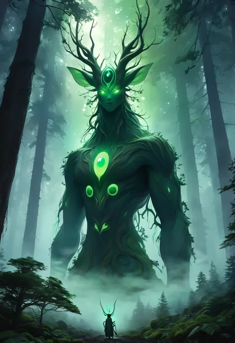 A photorealistic depiction of Deidarabotchi, the gigantic forest spirit standing majestically in a mystical fog-shrouded forest on a moonlit night, The forest is filled with ancient trees and the air is thick with an ethereal mist, Deidarabotchi has a huma...