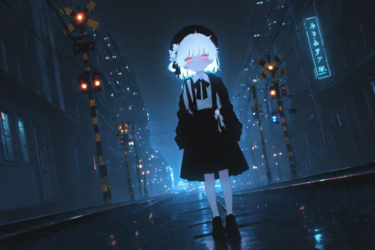 solo,1girl\((hatoba tsugu),HatobaTsugu, hat, 1mole under eye, beret, 1white flower ornament, bangs, black ribbon-tie, short hair,full body\),(multicolor glitch,glitch,neon:0.5), overly detailed pupils, glowing, chromatic aberration, railroad crossing, stre...