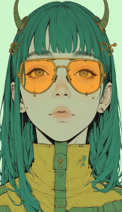 Close-up of a person dressed in green and yellow, Anime pictures inspired by Junpei Sato, Pixiv, what is it ?, okita sougo, Sincerity, persona 4, Chihiro ! fujisaki , orange sunglasses、 Toru Narita, Sincerity yukimura, Tsukasa Dokite, Sincerity shinka, ...