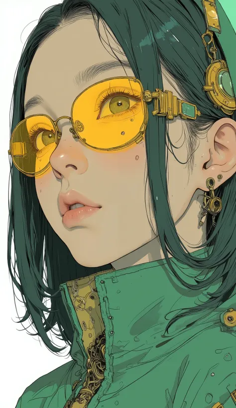 Close-up of a person dressed in green and yellow, Anime pictures inspired by Junpei Sato, Pixiv,  what is it ？, okita sougo, Sincerity,  persona 4,  Chihiro ! fujisaki , orange sunglasses、 Toru Narita, Sincerity yukimura, Tsukasa Dokite, Sincerity shinka, ...