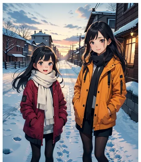    masterpiece，      nothing ，(   cute sow    ， Flat shade      )，  Refined glass ，   beautiful black hair ，fisheyecute young mother and cute daughter       people looking down on the winter city from the park gardens 々 :1.2，      warm scarf      ，      bo...