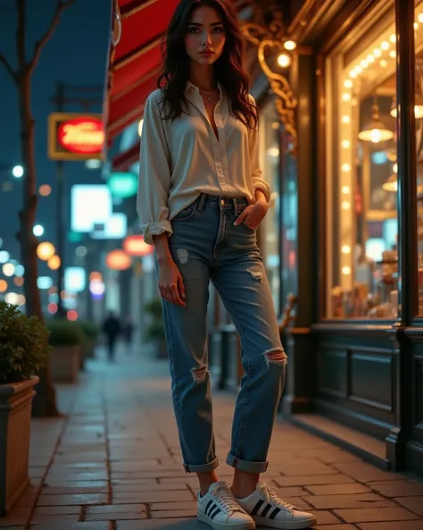 A modest girl, wavy hair, eyeshadow, eyeliners, eyelash, double eyelid, blush on, wearing casual elegant shirt with u-neck spandex, high-end fashion jeans, stilettos, adidas sneakers, elegant walk pose, night at downtown sidewalk, front view, standing on t...