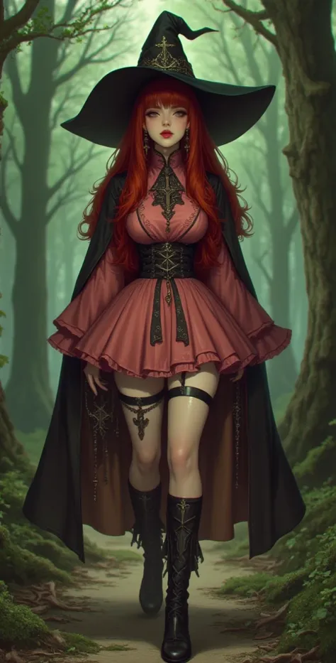  high resolution,  better quality,  in detail, HD model,  high detail ,  High quality,full frame, Ponle meter ,  Full-length girl, red hair ,  straight hair , Breasts, earrings,  green eyes, makeup, Light blush, scarlet lips,  witch hat, Short pink witch d...