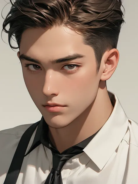 Kwon Ji-hyeok, a 25-year-old man.  short but soft brown hair and brown eyes. Manly but has smooth lines and a straight nose.  angled to the right. employee.  holding a loose tie with some buttons open on a white shirt. A slightly tired face. The background...