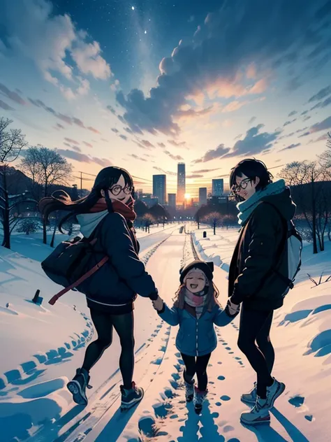    masterpiece，      nothing ，(   cute sow    ， Flat shade      )，  sophisticated glasses， beautiful black hair ，fisheyecute young mother and cute daughter       people looking down on the winter city from the park gardens 々 :1.2，      warm scarf      ，   ...