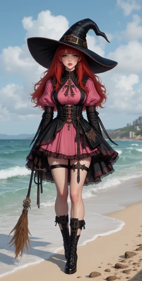  high resolution,  better quality,  in detail, HD model,  high detail ,  High quality,full frame, Ponle meter ,  Full-length girl, red hair ,  straight hair , Breasts, earrings,  green eyes, makeup, Light blush, scarlet lips,  witch hat, Short pink witch d...