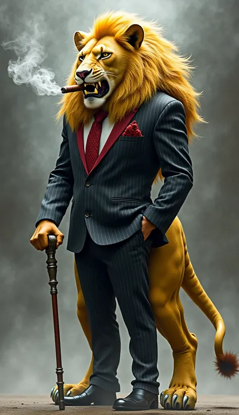 "A striking and surreal depiction of a hybrid creature born from the fusion of a mafia boss and a lion. The creature exudes power and danger, with the sharp, tailored elegance of a mafia don and the raw, untamed ferocity of a lion. Its upper body is human,...