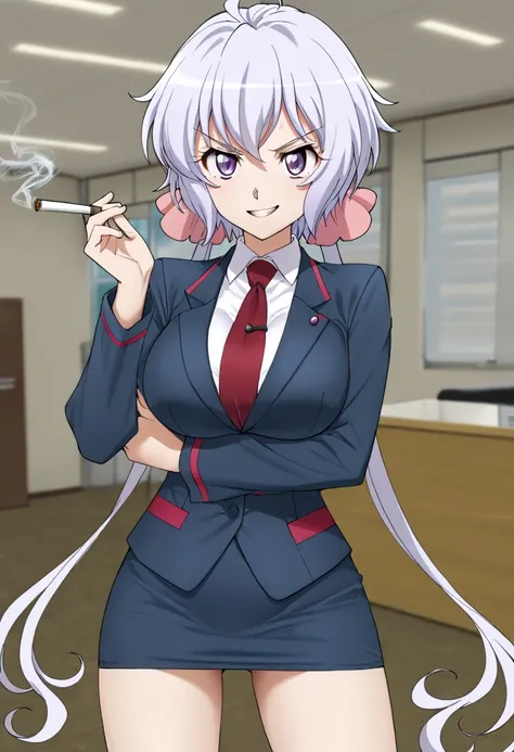  Silver Hair, twin tails, Yukine Chris,Office smoking room、  Smoking Scenery  、 relaxed face、Cute girl in sexy office suit