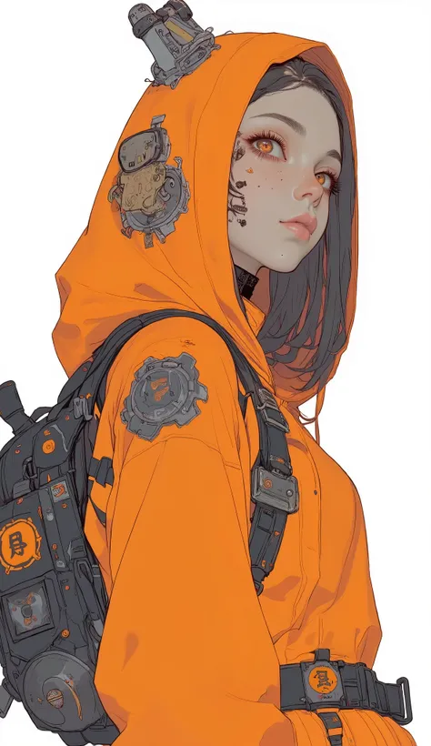 Close up of an anime character with an orange hoodie and backpack in front of a white background,Female Chamba  ,  trending on pixiv, futuristic,  Genzoman ,  Joker as Naruto ,  anime cover , naruto  Uzumaki,  Uzumaki,  kashart kentz ,  animated art with b...