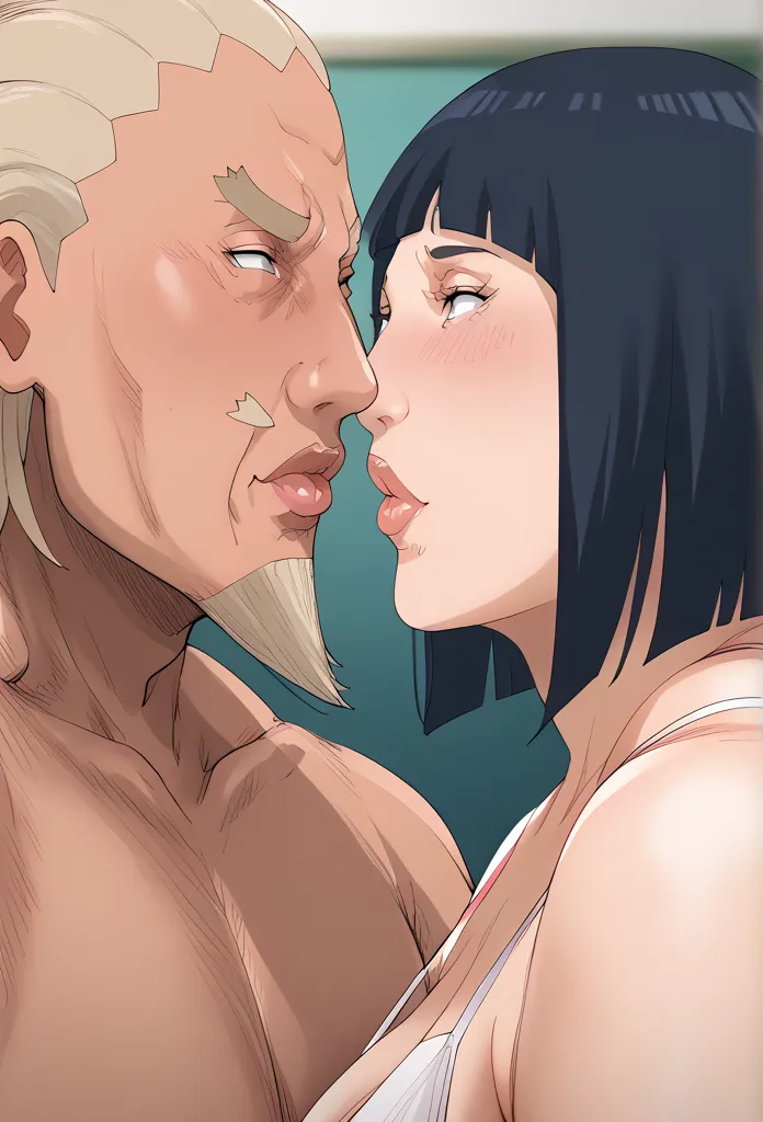  score_9,  score_8_up,  score_7_up,  score_6_up,  score_5_up,  score_4_up,  mature man and woman、2 people、 black man in the bathroom、 white female、Raikage、Hinata、 Kissing Hi-Res,  chunky lips on the chin、 blushes, Close Contact