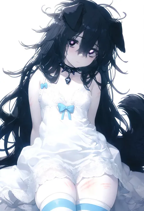 human hybrid dog girl, (black hair, long hair, messy hair, Pomeranian dog ears, ears down, ears flop, black void Eyes, (dark eye circles) long Beautiful eyelashes, light pale skin, white dress nightgown dress), with straps, (pastel blue bow on dress), whit...